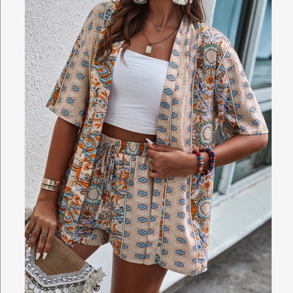 Boho Floral Paisley Print Open Front Kimono Top Shirt Blouse Shorts Set PINK - Picture 13 of 14